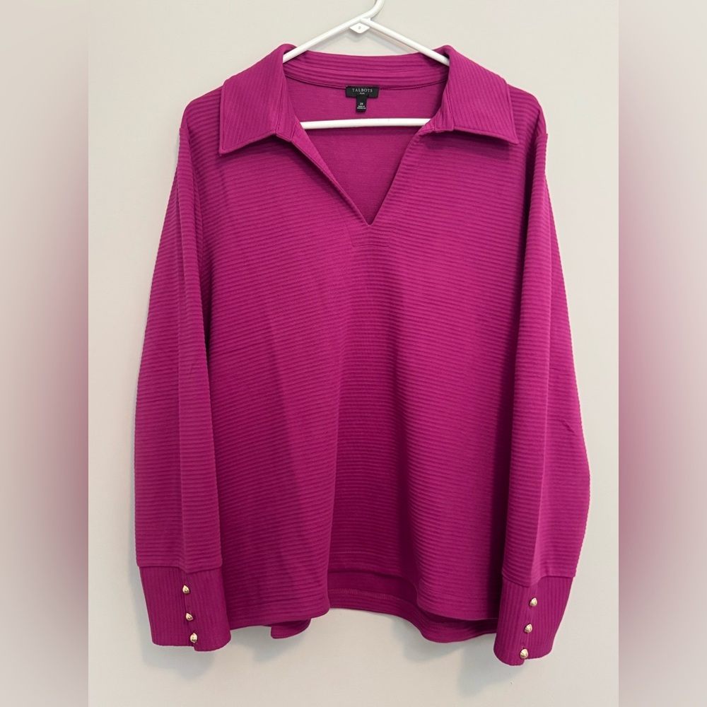 Talbots Plus Women’s Pink Purple 2X V-neck Sweater Jacket Collar Casual Ribbed